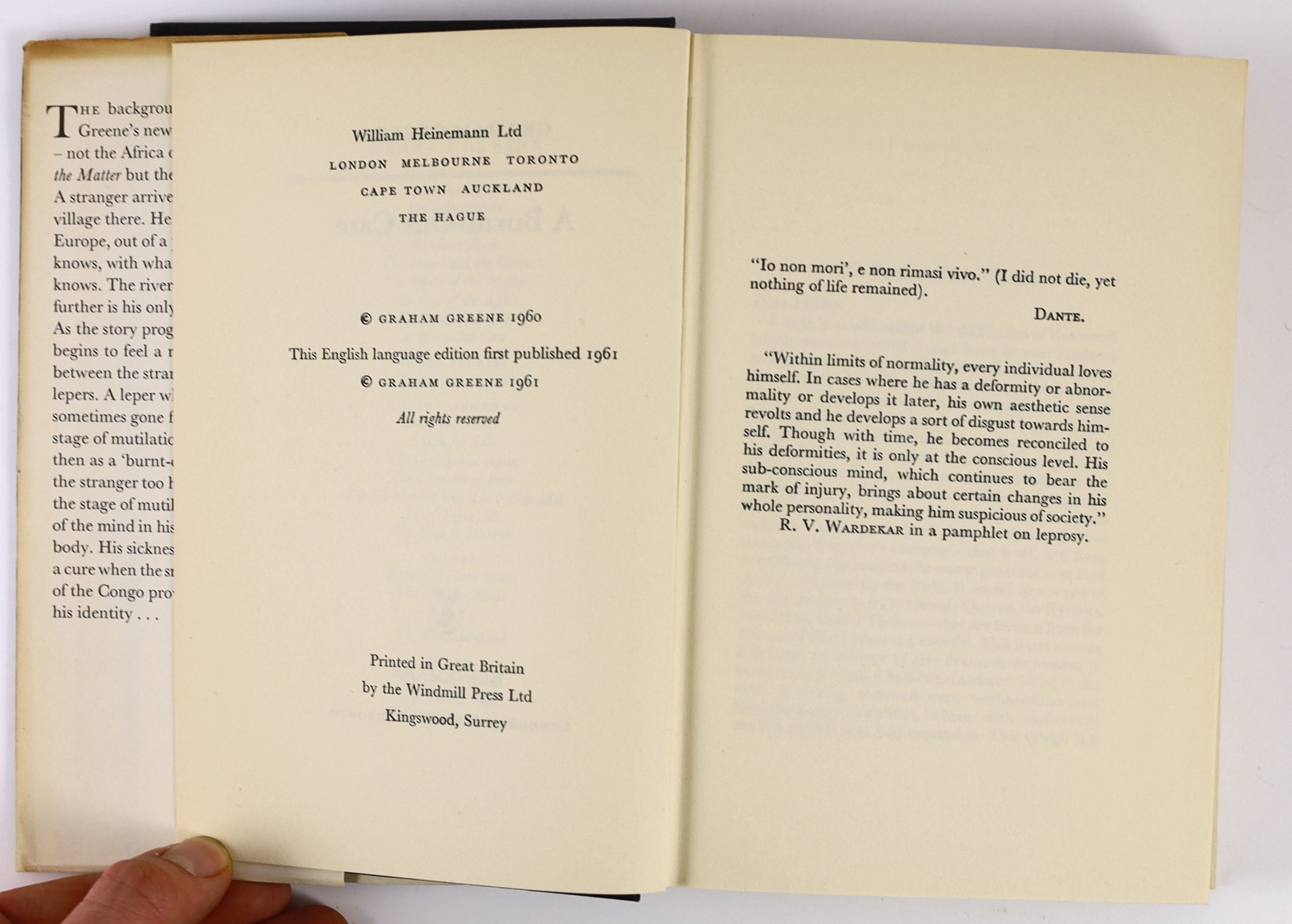 Greene, Graham - A Burnt-Out Case, 1st English edition, original cloth, in unclipped d/j, William Heinemann, London, 1961